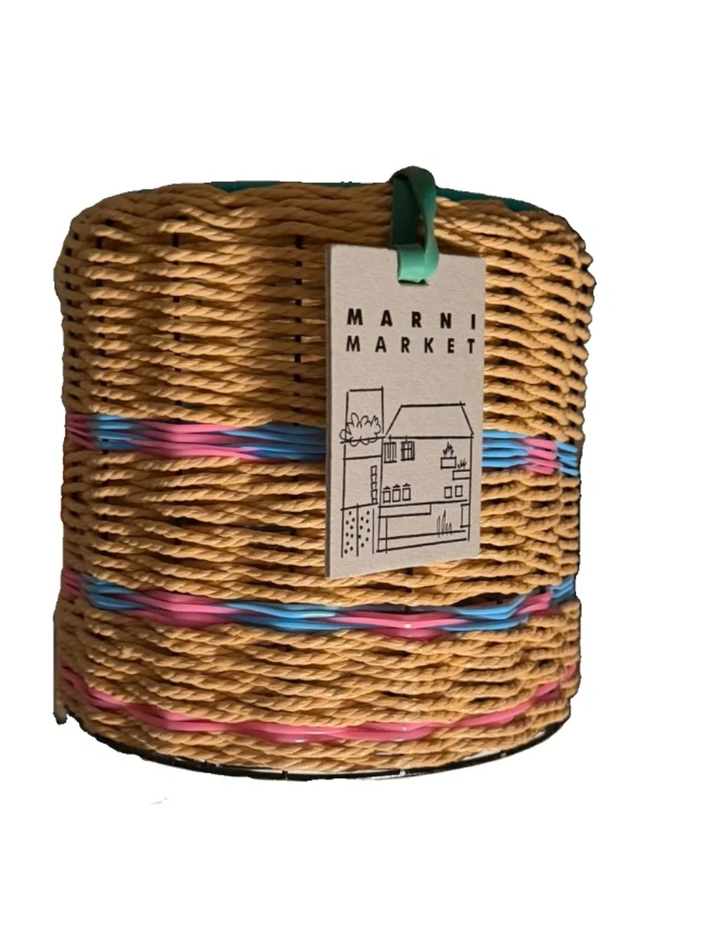 NWT MARNI MARKET BASKET Natural Woven Basket with Pink & Blue Trim